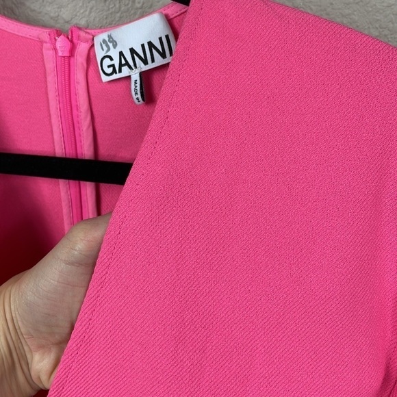 New Ganni Stretch Suiting V Neck Mini Dress Bright Bubblegum Pink Barbie Sz 36 - Picture 14 of 16